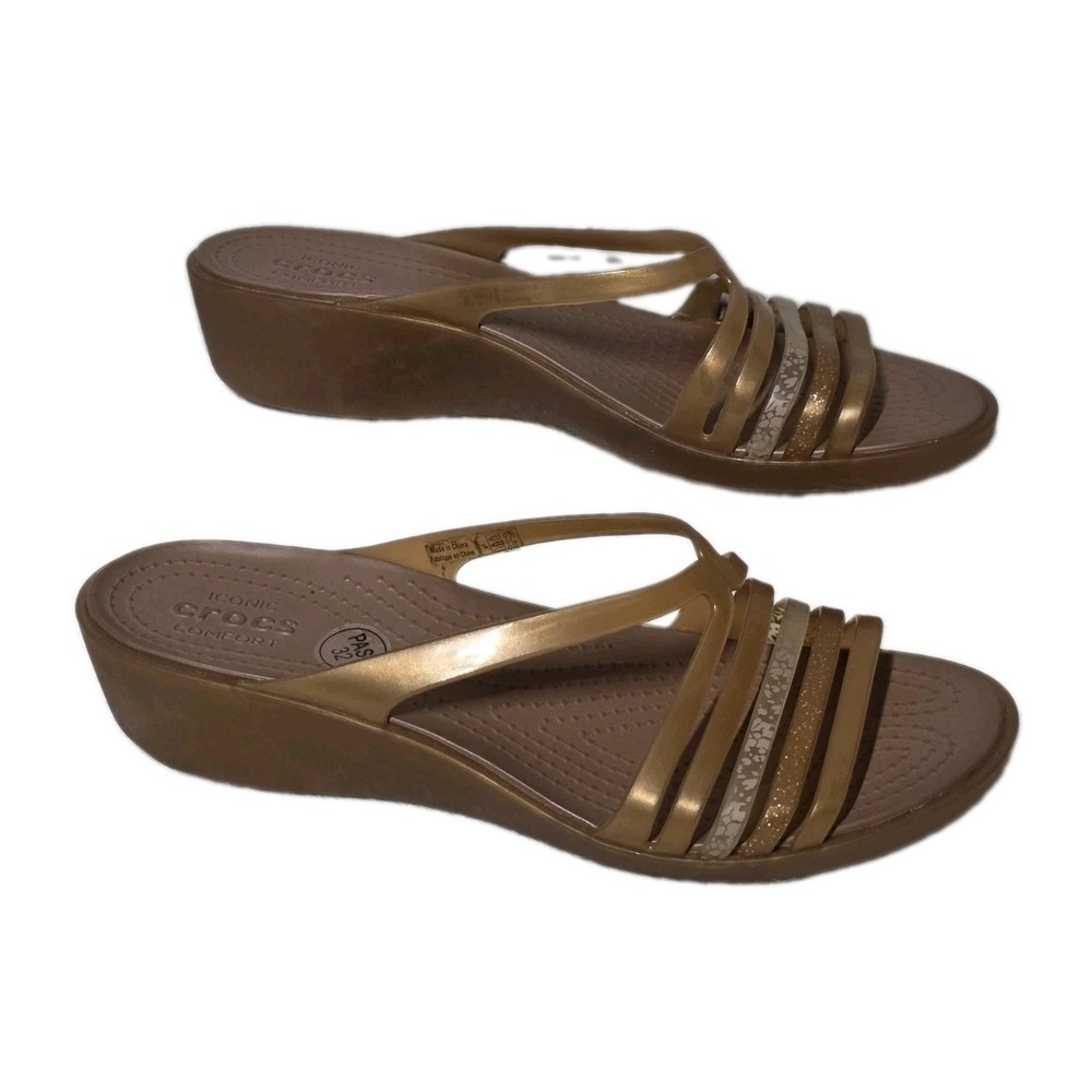 Crocs Isabella Sandals Womens 7 US Strappy Jelly Mini Wedge Bronze Gold Glitter - Picture 3 of 7